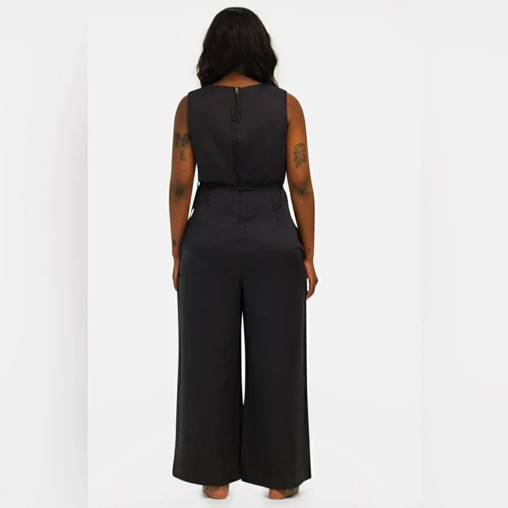 NWT Ettitude Women’s Sateen Jumpsuit V Neck Wide Legs - Onyx - Size XL